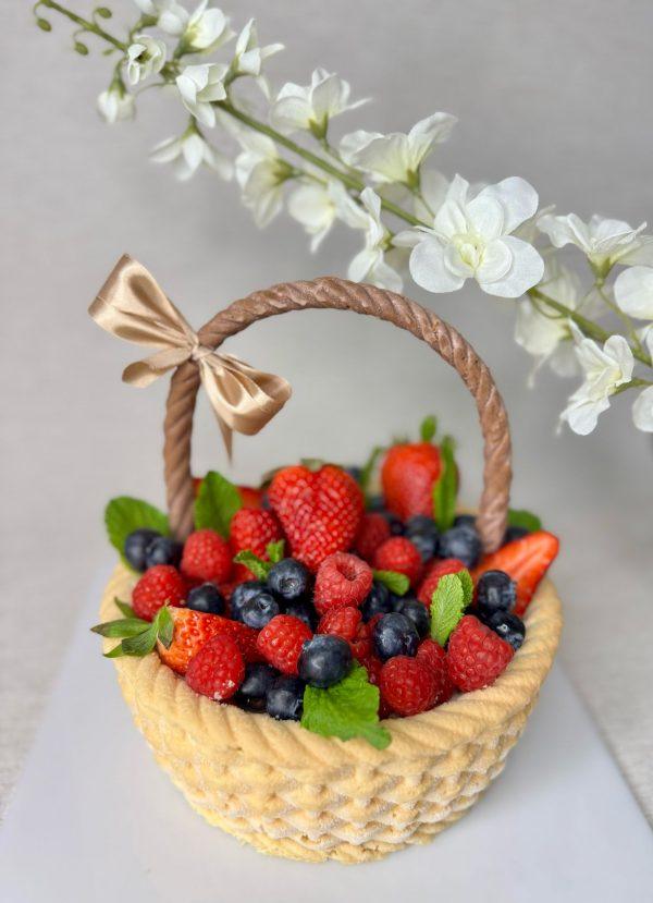 Fruit basket cake, strawberry cake, raspberry cake, blueberry cake, edible basket cake, entremet dessert, celebration cake by Et Voila Delicacy
